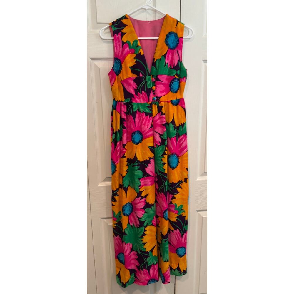 Vintage 60s 70s Floral Maxi Dress Mod Boho Buttons Hippie Colorful Sleeveless